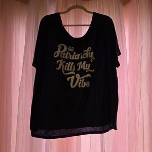 Navy Graphic Tee with Script "The Patriarchy Kills My Vibe"